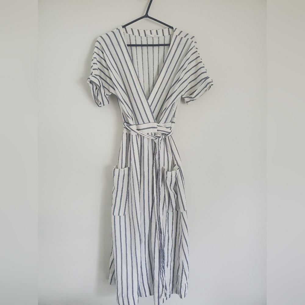 Striped V-Neck White & Navy Wrap Dress